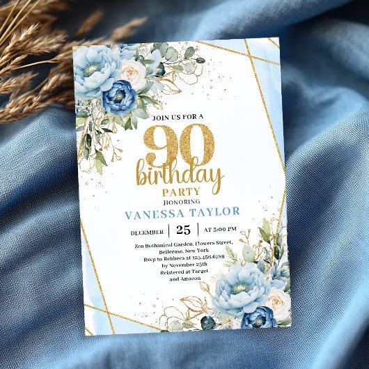 Blue Floral Gold Frame Elegant 90th Birthday Einladung