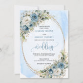 Blue Floral Gold Frame Wedding Invitation Einladung (Vorderseite)