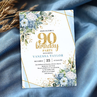 Blue Floral Gold Glitter 90th Birthday Celebration Einladung