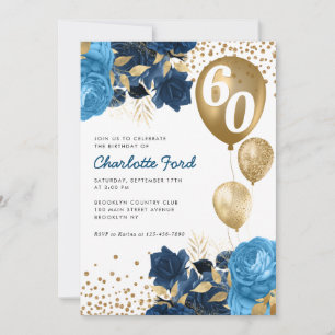 Blue Floral Gold Glitzer Balloons Geburtstag Einladung