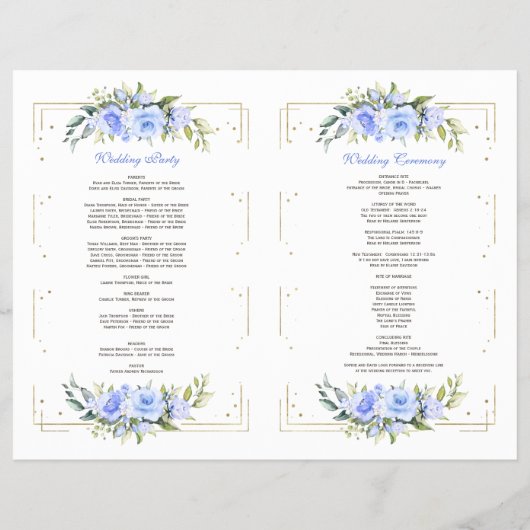 Blue Floral Gold Glitzer Frame Wedding Program Flyer (Hinten)