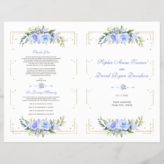 Blue Floral Gold Glitzer Frame Wedding Program Flyer (Vorne)