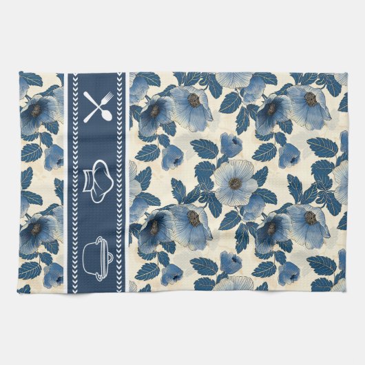 Blue Floral Gold Glitzer Japanisch Ukiyo-e Geschirrtuch (Horizontal)