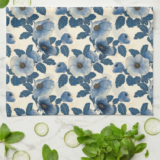 Blue Floral Gold Glitzer Japanisch Ukiyo-e Geschirrtuch (Gefaltet)