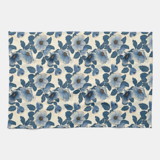 Blue Floral Gold Glitzer Japanisch Ukiyo-e Geschirrtuch (Horizontal)
