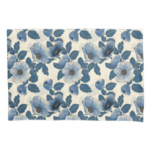 Blue Floral Gold Glitzer Japanisch Ukiyo-e Kissenbezug (Vorderseite)