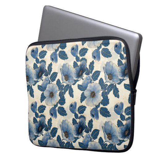 Blue Floral Gold Glitzer Japanisch Ukiyo-e Laptopschutzhülle (Vorderseite Links)