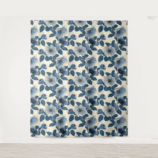 Blue Floral Gold Glitzer Japanisch Ukiyo-e Wandteppich (Vorderseite)