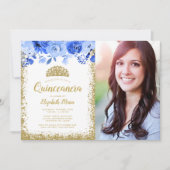 Blue Floral Gold Glitzer Tiara Quinceane Foto Einladung (Vorderseite)