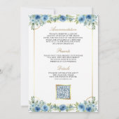 Blue Floral Gold Katholischer Cross QR Code Hochze Einladung (Rückseite)