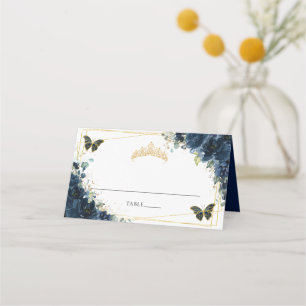 Blue Floral Gold Quinceañera 16. Geburtstag Platzkarte