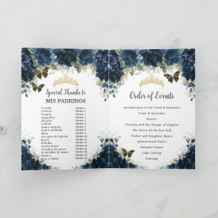 Blue Floral Gold Quinceñera Orden der Ereignisse Programm