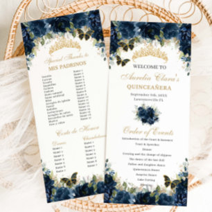 Blue Floral Gold Quinceñera Orden des Ereignisses Programm