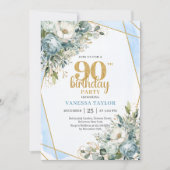 Blue Floral Gold Shine 90th Birthday Invite Card Einladung (Vorderseite)