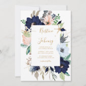 Blue Floral Gold Starfish Script Hochzeit Einladung (Vorderseite)
