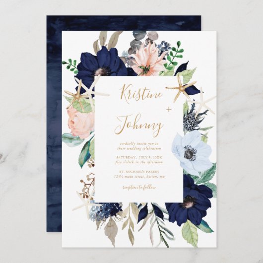 Blue Floral Gold Starfish Script Hochzeit Einladung (Vorne/Hinten)