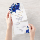Blue Floral Gold Swirl Wedding All In One Einladung (Abreißen)