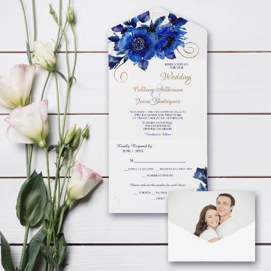 Blue Floral Gold Swirl Wedding All In One Einladung