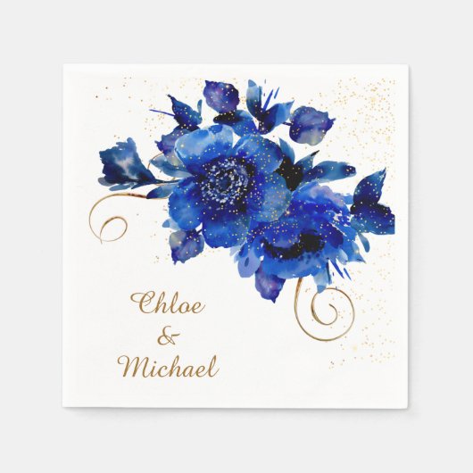 Blue Floral Gold Swirl Wedding Napkins Serviette (Vorderseite)