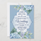 Blue Floral Green Leaves Frame Elegant Wedding Einladung (Vorderseite)