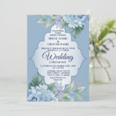 Blue Floral Green Leaves Frame Elegant Wedding Einladung (Stehend Vorderseite)