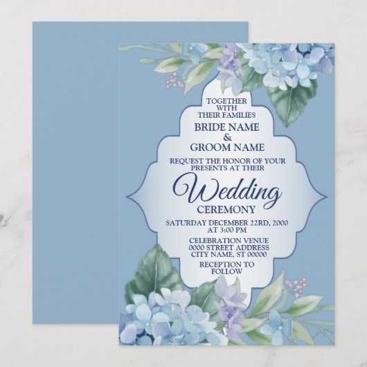 Blue Floral Green Leaves Frame Elegant Wedding Einladung (Vorne/Hinten)