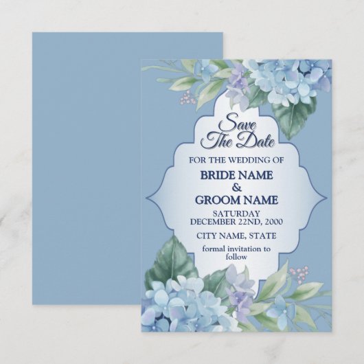 Blue Floral Green Leaves Frame Elegant Wedding Save The Date (Vorne/Hinten)
