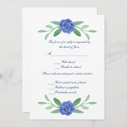 Blue Floral Greenerity Foliage Wedding Response Ca Einladung (Vorne/Hinten)