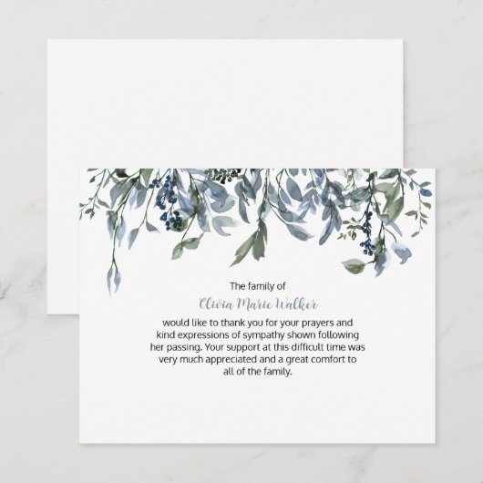 Blue Floral Greenery Begräbnisschrift Danke (Vorne/Hinten)