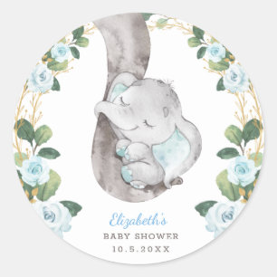 Blue Floral Greenery Gold Baby Elephant Dusche Runder Aufkleber