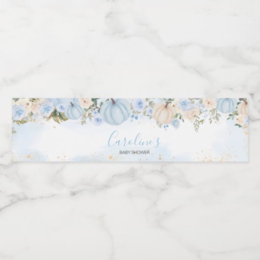 Blue Floral Greenery Little Pumpkin Baby Dusche Wasserflaschenetikett (Einzelnes Label)