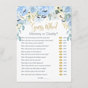 Blue Floral Guess Who Baby Showspiele Begleitkarte