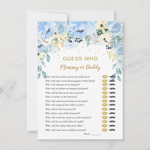 Blue Floral Guess Who Baby Showspiele Einladung