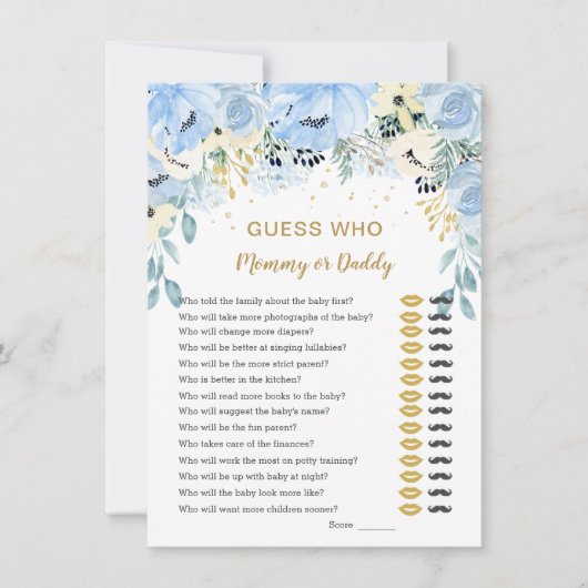 Blue Floral Guess Who Baby Showspiele Einladung (Vorderseite)