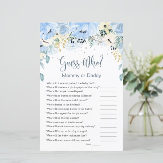Blue Floral Guess Who Baby Showspiele Flat Paper (Stehend Vorderseite)