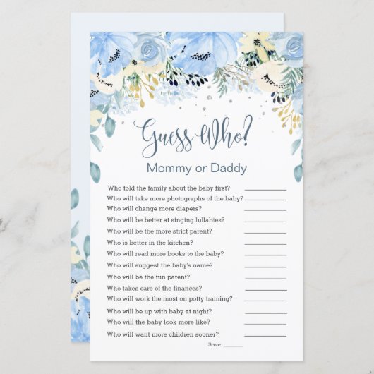 Blue Floral Guess Who Baby Showspiele Flat Paper (Vorne/Hinten)