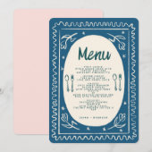 Blue Floral Handwriting Modern Wedding Menu Einladung (Vorne/Hinten)