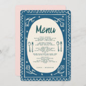 Blue Floral Handwriting Modern Wedding Menu Invi Einladung (Vorne/Hinten)