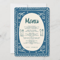 Blue Floral Handwriting Modern Wedding Menu Invi