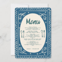 Blue Floral Handwriting Modern Wedding Menu Invi