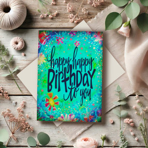 Blue Floral Happy Birthday Fun Colorful Karte