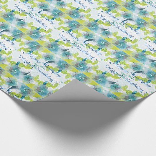 Blue Floral Happy Birthday Geschenk Wrap Geschenkpapier (Ecke)