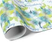 Blue Floral Happy Birthday Geschenk Wrap Geschenkpapier (Rolleneckpunkt)