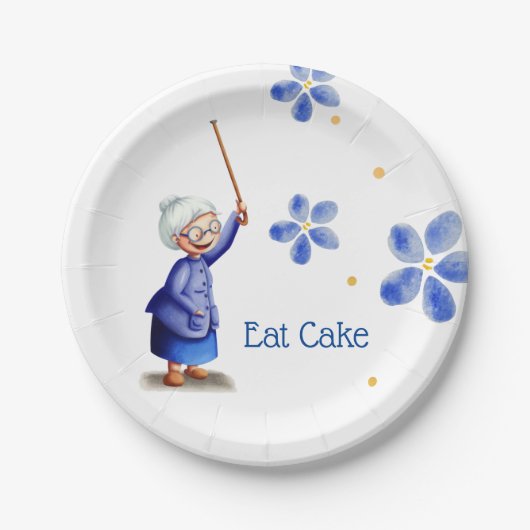 Blue Floral Happy Großmutter mit Cane Eat Cake Pappteller (Vorderseite)