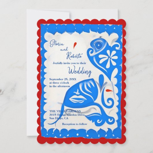 Blue Floral Heart Papel Picado Mexican Wedding Einladung (Vorderseite)