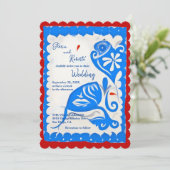 Blue Floral Heart Papel Picado Mexican Wedding Einladung (Stehend Vorderseite)