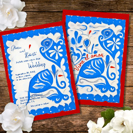 Blue Floral Heart Papel Picado Mexican Wedding Einladung