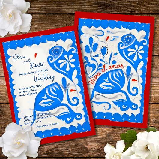 Blue Floral Heart Papel Picado Mexican Wedding Einladung