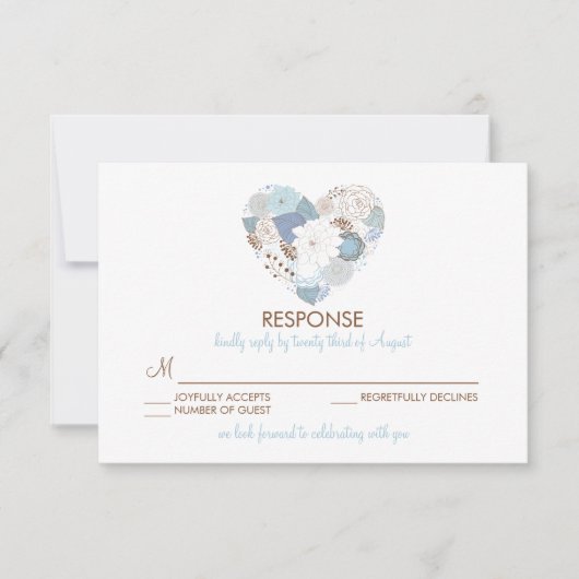 Blue Floral Heart Wreath Wedding RSVP Card Einladung (Vorderseite)