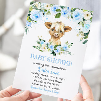Blue Floral Highland Cow Baby Dusche einladen Einladung